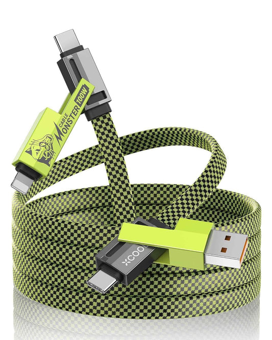4-In-1 USB-C Cable (6Ft), 100W USB-C Charger Cable with Hook-And-Loop Fastener and Cable Management, USB-C Cable/Fast Charging for Macbook, Ipad, Iphone, Samsung, Green