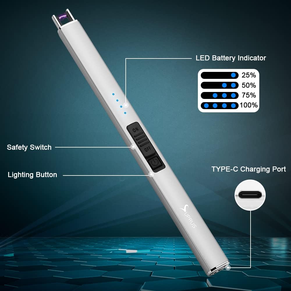 Electric Lighter Arc Windproof Flameless USB Rechargeable Lighter with Safety Lock for Candle BBQ Camping (Silver)