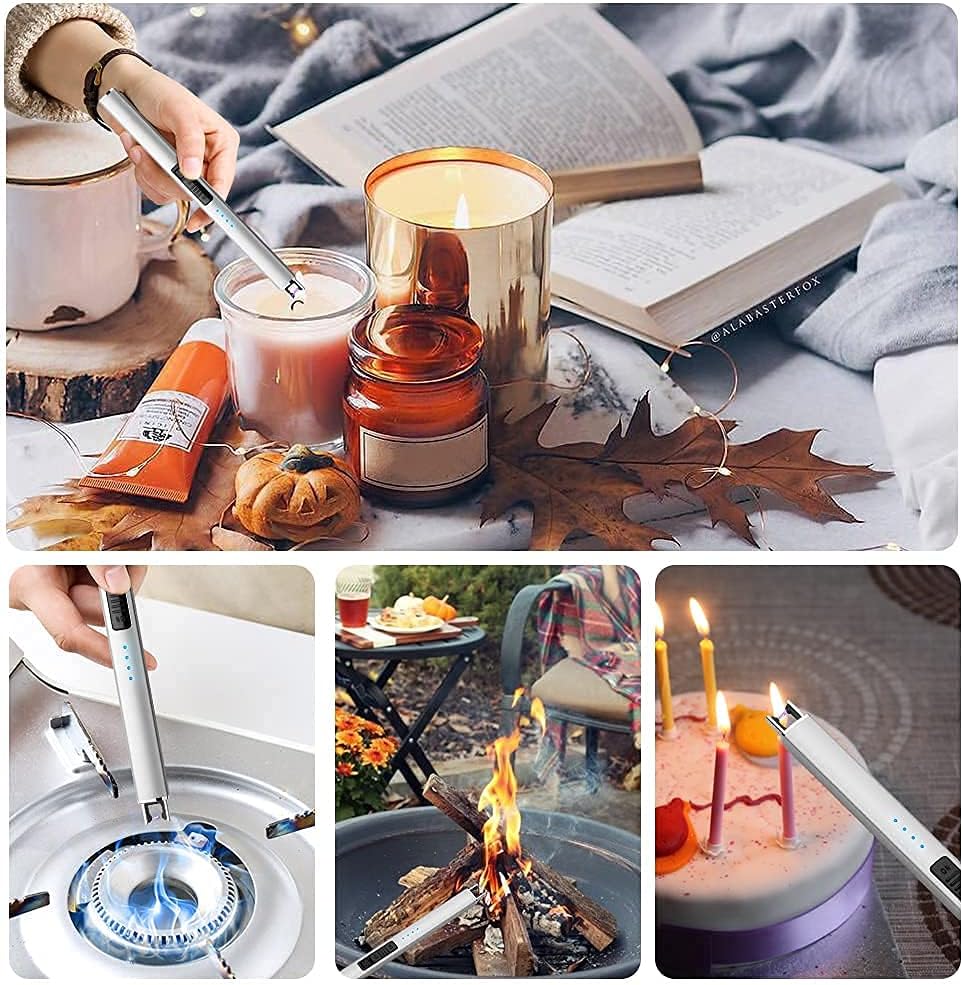 Electric Lighter Arc Windproof Flameless USB Rechargeable Lighter with Safety Lock for Candle BBQ Camping (Silver)