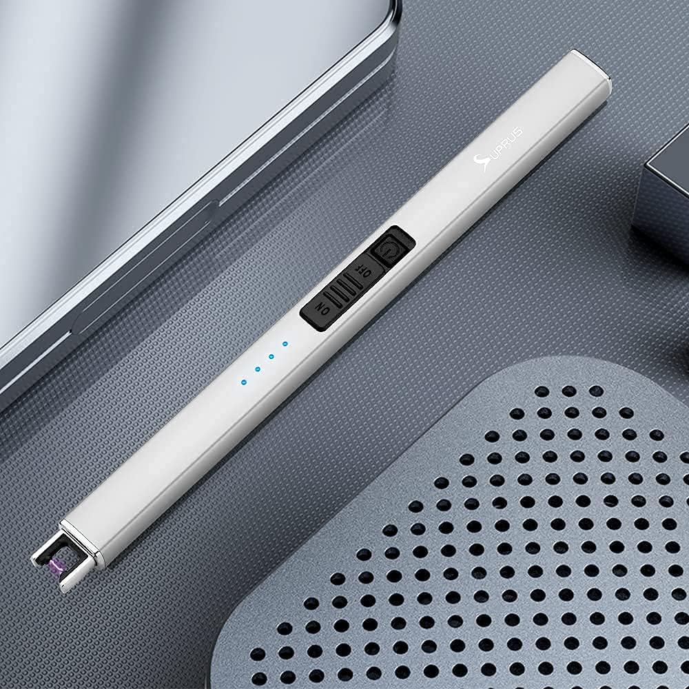 Electric Lighter Arc Windproof Flameless USB Rechargeable Lighter with Safety Lock for Candle BBQ Camping (Silver)